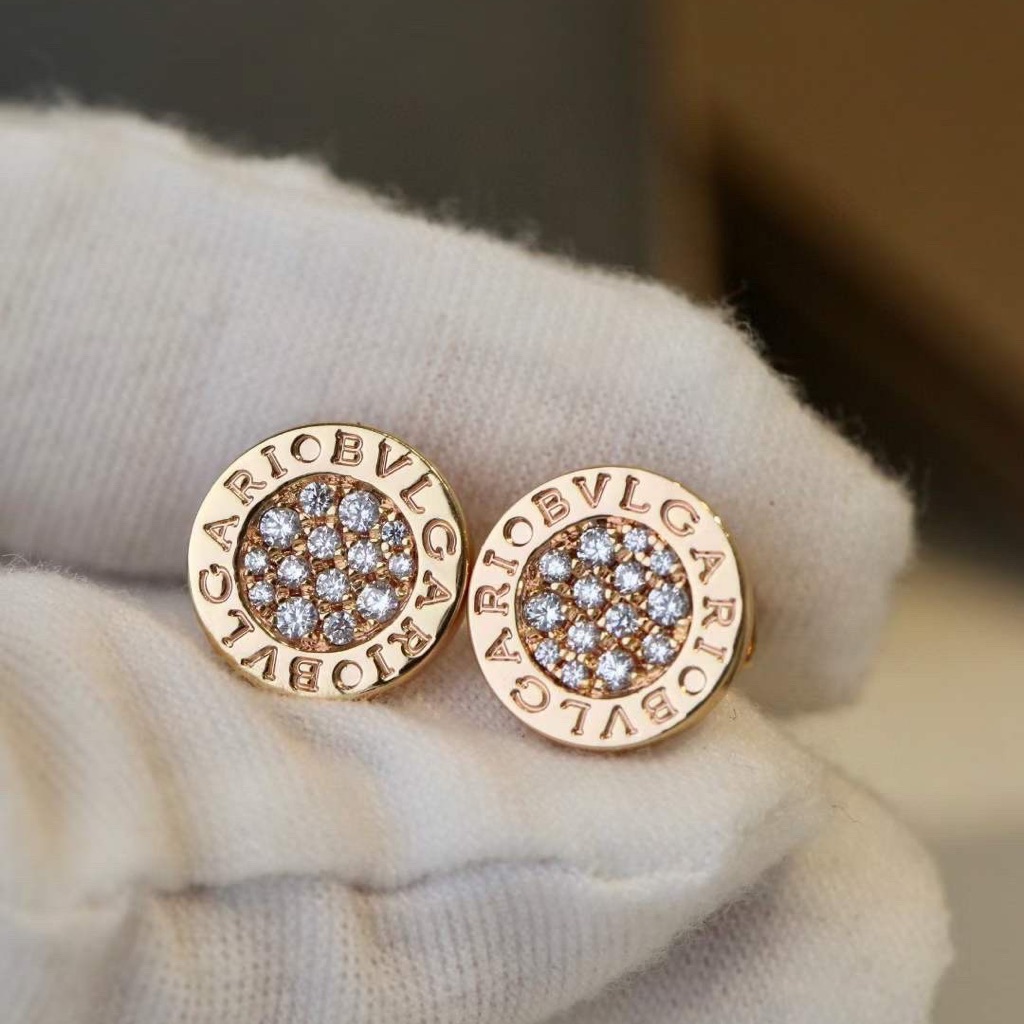 Bvlgari Rose Gold Pave Diamond Logo Stud Earrings